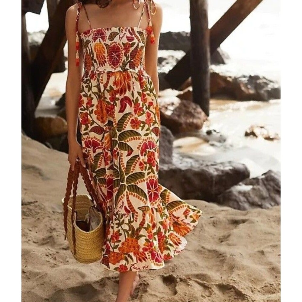 Farm Rio Smocked Cover-Up Dress Shirred Tasseled Anthropologie Jungle Large EUC
